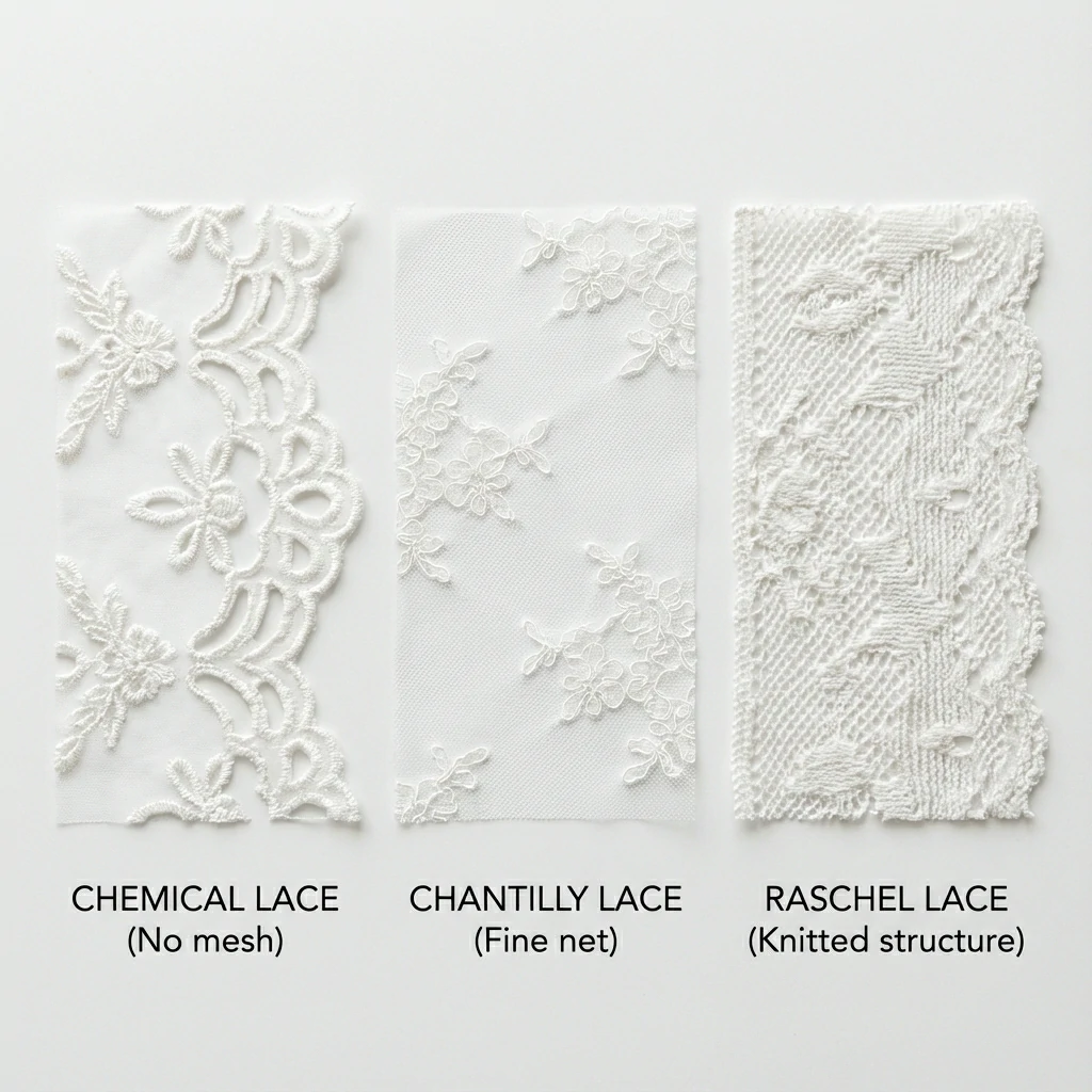 Comparison of chemical lace, chantilly lace, and raschel lace side by side