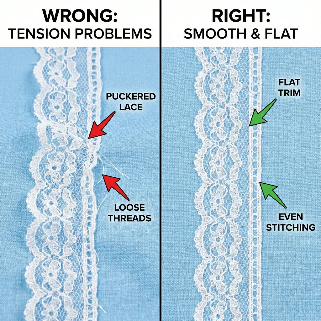 Comparison of puckered lace trim versus smooth flat lace trim, showing common sewing mistake and correct result