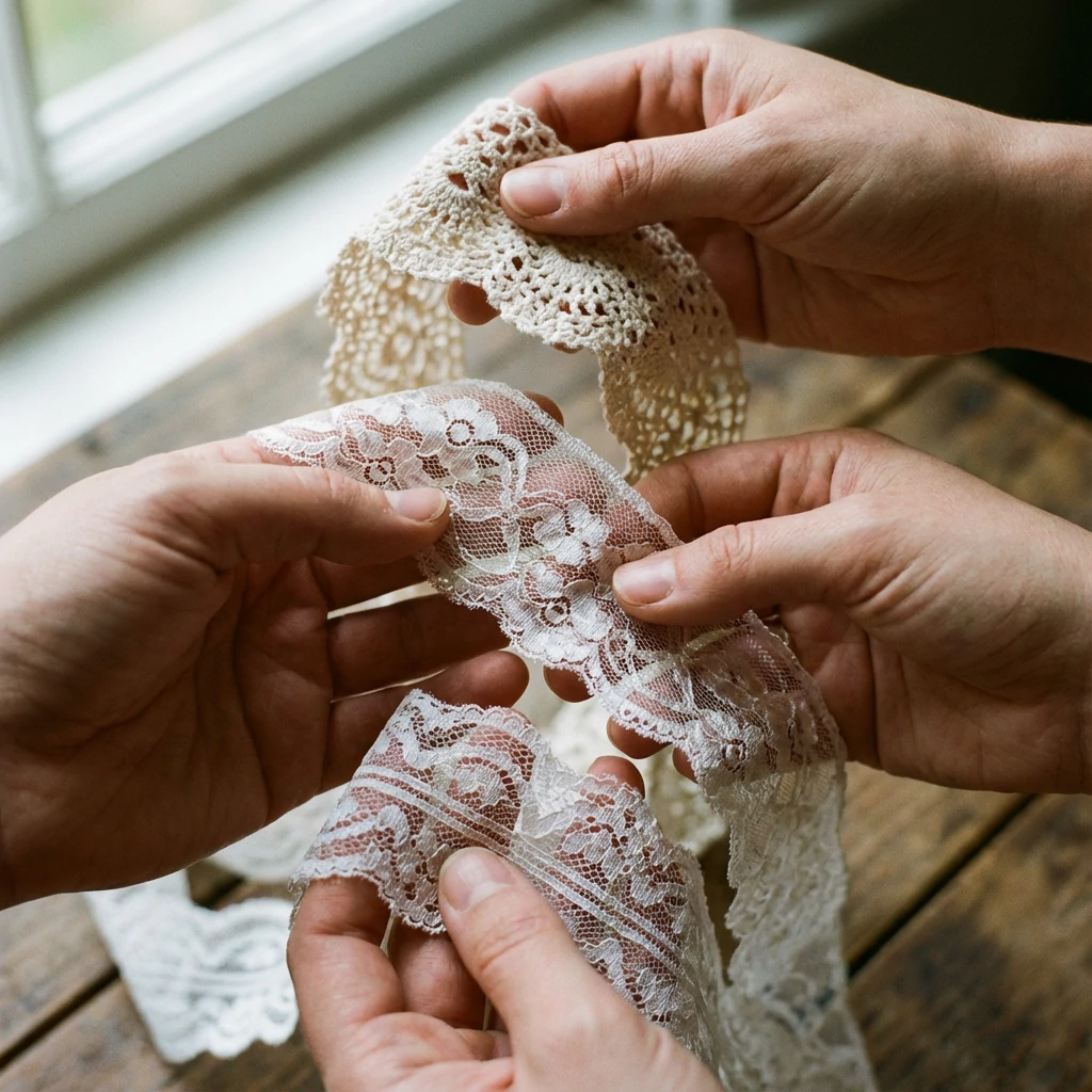 Cotton, nylon, and polyester lace material comparison