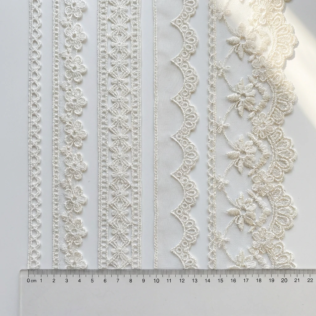 Different lace sizes comparison from 1cm to 15cm displayed side by side on white background