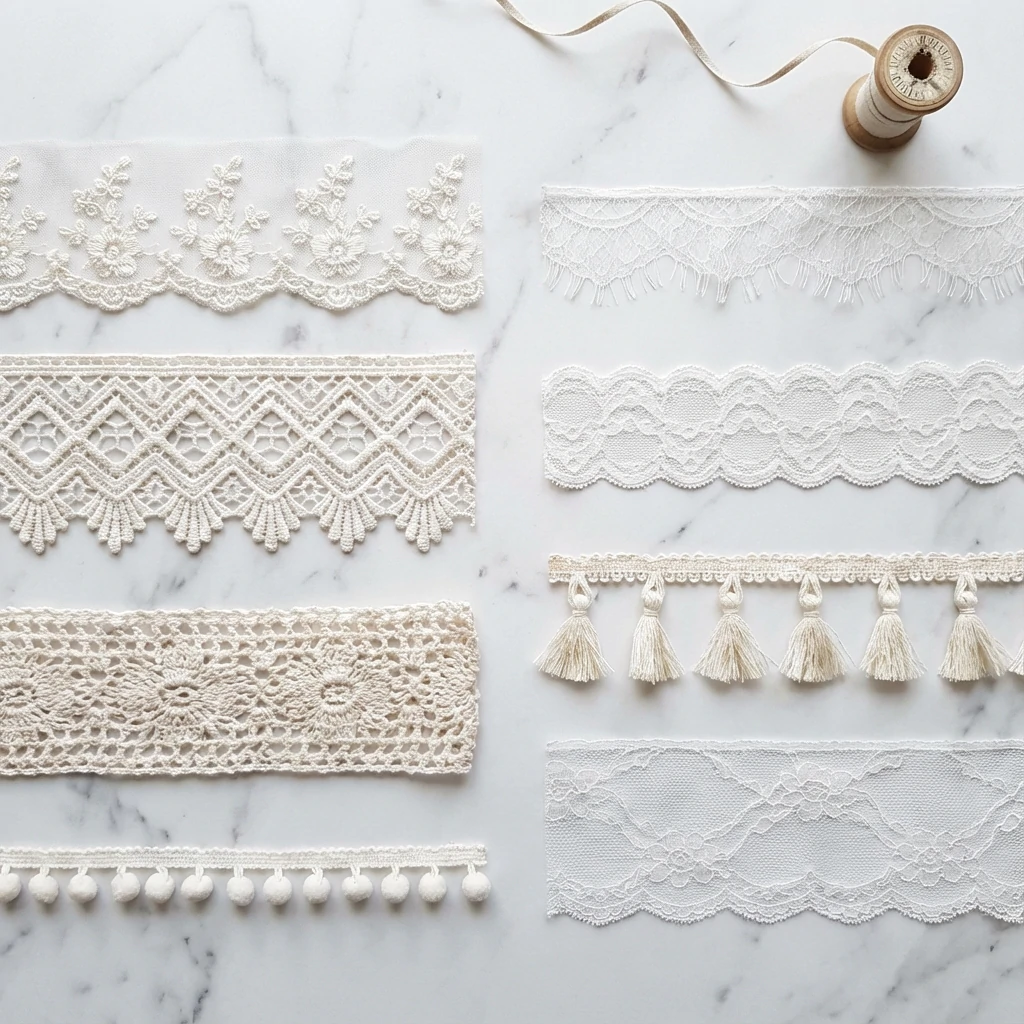 Different types of lace fabric samples arranged flat lay