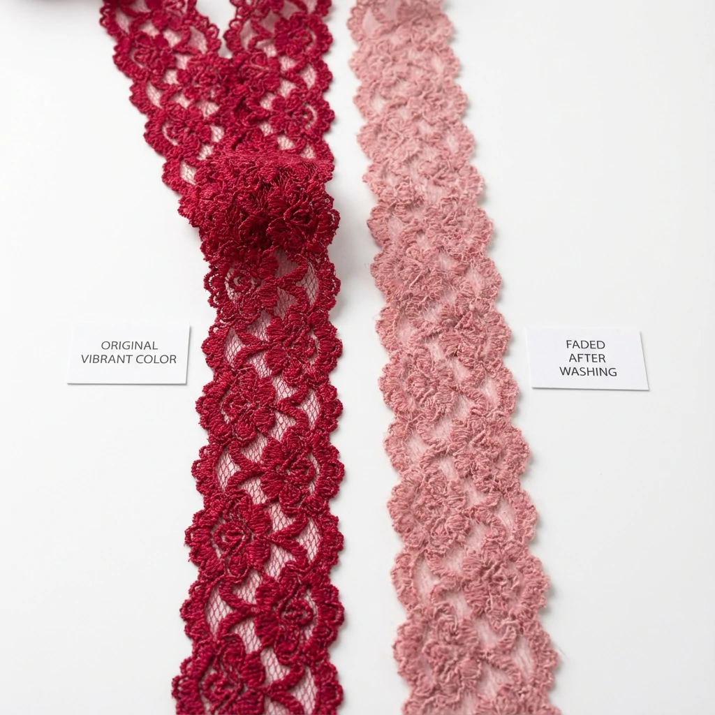 Faded red lace trim comparison before and after washing
