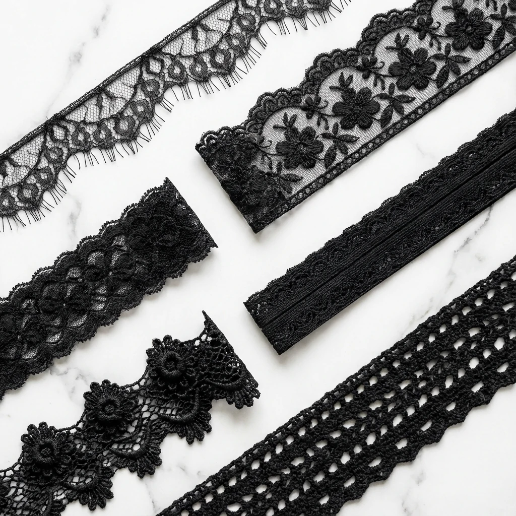 Five types of black lace trim eyelash, embroidered, stretch, guipure, and crochet