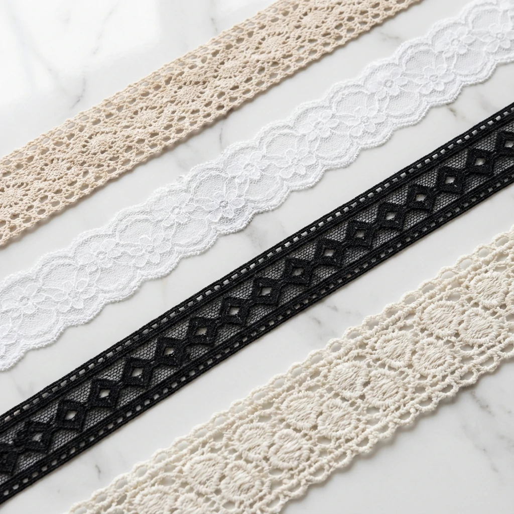 Four types of lace trim cotton, nylon, stretch, and guipure compared