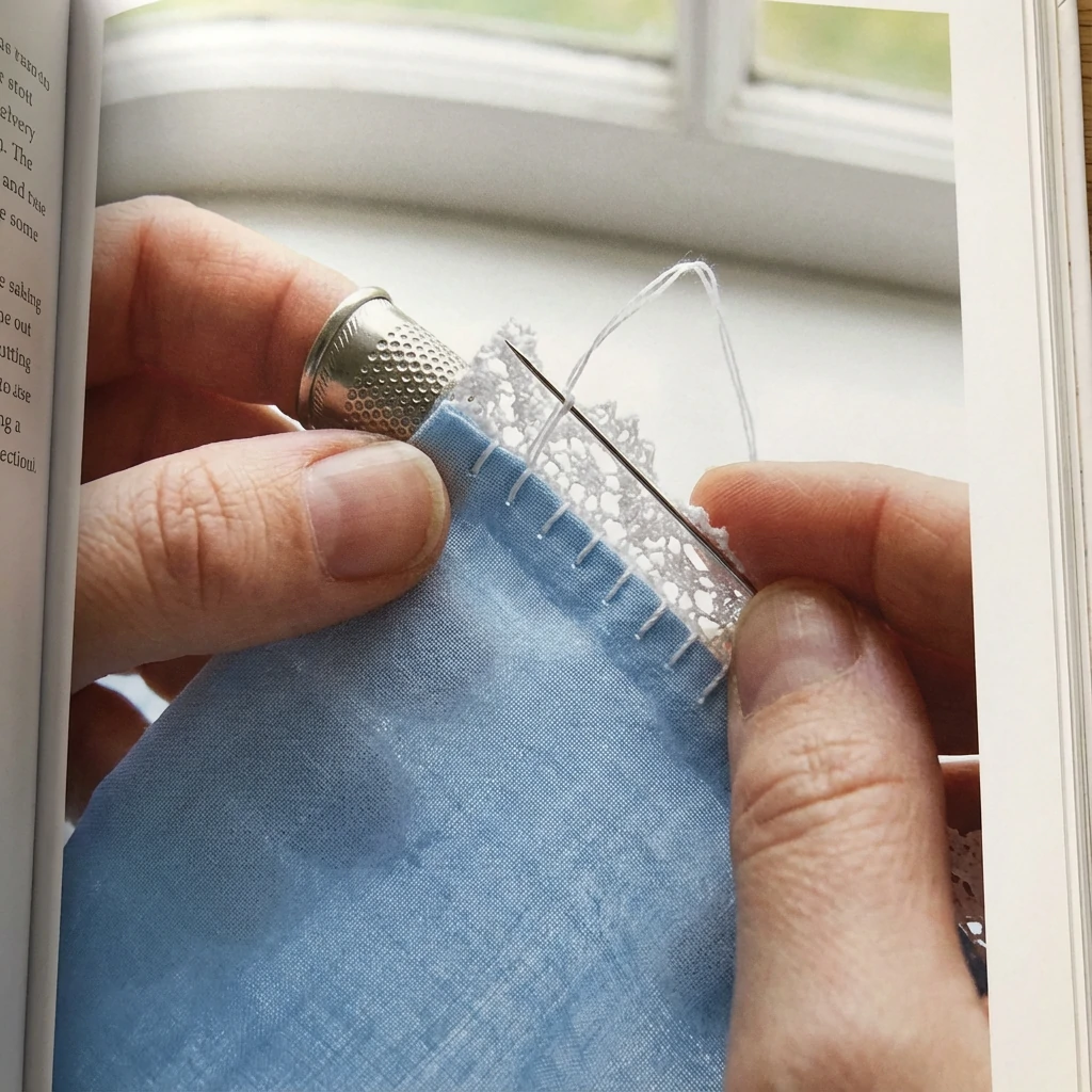 Hand sewing lace trim using whip stitch technique, needle passing through lace edge and fabric