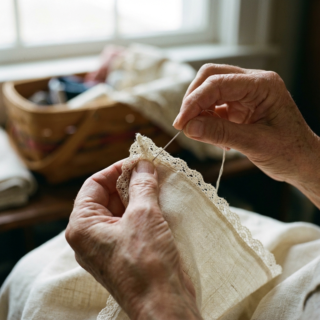 Hand sewing lace trim with slip stitch technique
