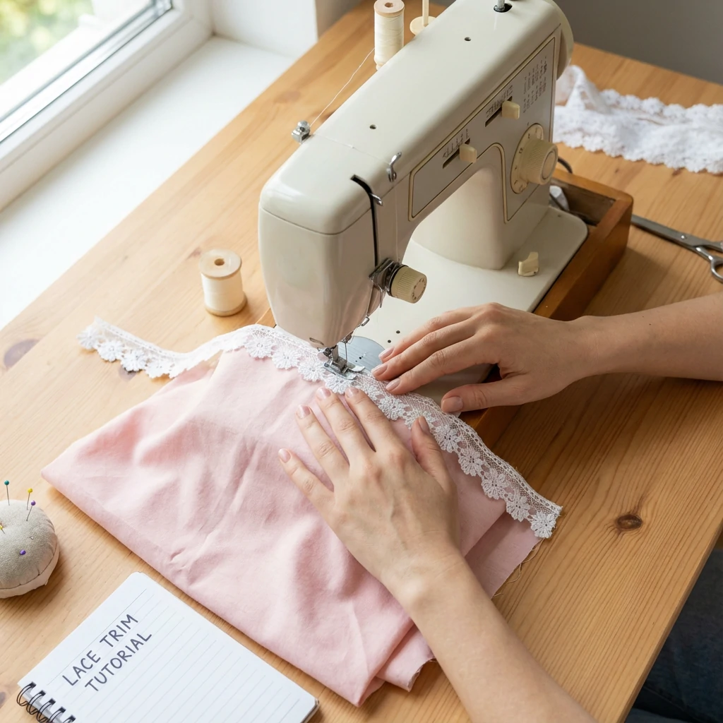 Hands sewing white lace trim onto fabric using a sewing machine, step-by-step tutorial