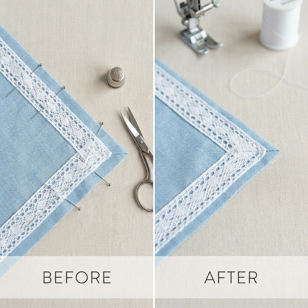 Lace trim folded at 45-degree angle to create mitered corner, pinned in place before sewing