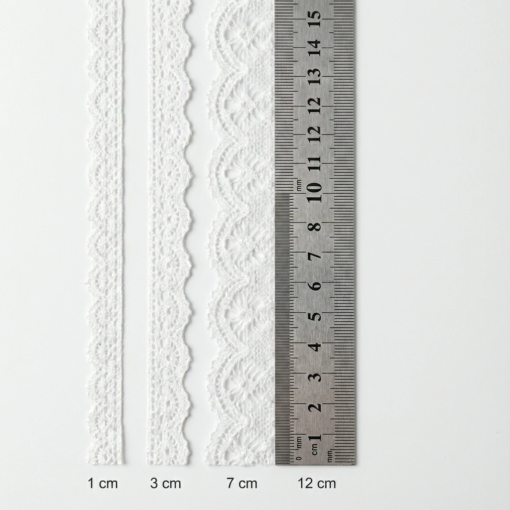 Lace trim width measurement with ruler showing exact size categories from small to extra-large