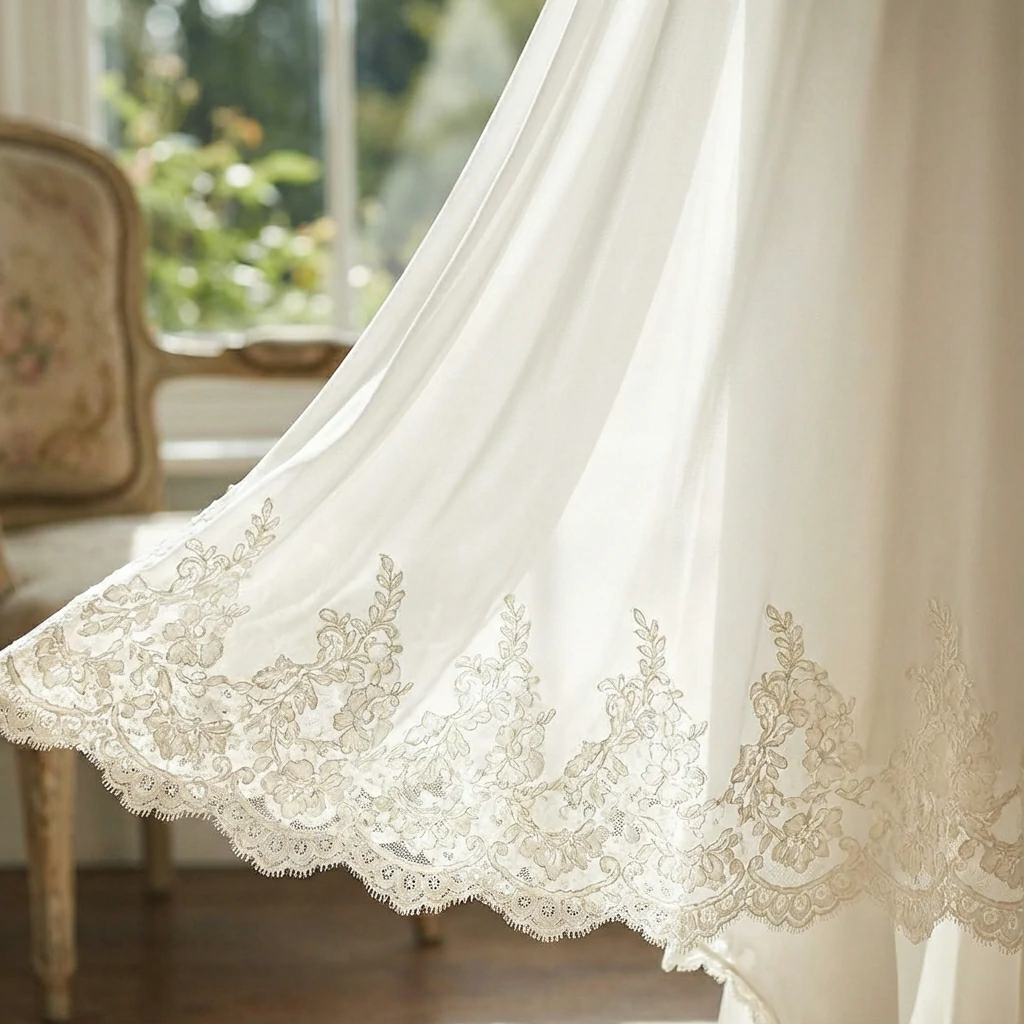 Large 8cm wide lace trim on bridal gown hemline creating dramatic romantic effect