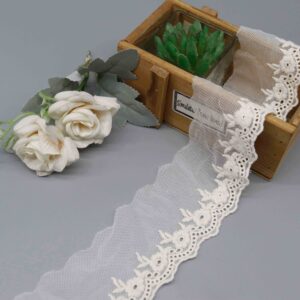 Front-facing shot of Daisy Garden Polyester Mesh Embroidery Lace Trim, showing floral motifs and sheer tulle ground clearly.