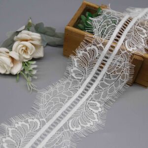 Front-facing shot of Romantic Floral Chantilly Nylon Eyelash Lace Trim, showing the rose scrollwork pattern and sheer mesh texture clearly.