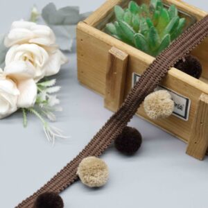 Front-facing shot of Dual-Tone Stretch Nylon Pompom Lace Trim, showing alternating chocolate brown and cream beige pompoms on elastic header.