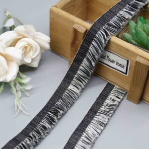 Front-facing shot of Ombre Gradient Polyester Brush Fringe Lace Trim, showing charcoal-to-silver color transition clearly.