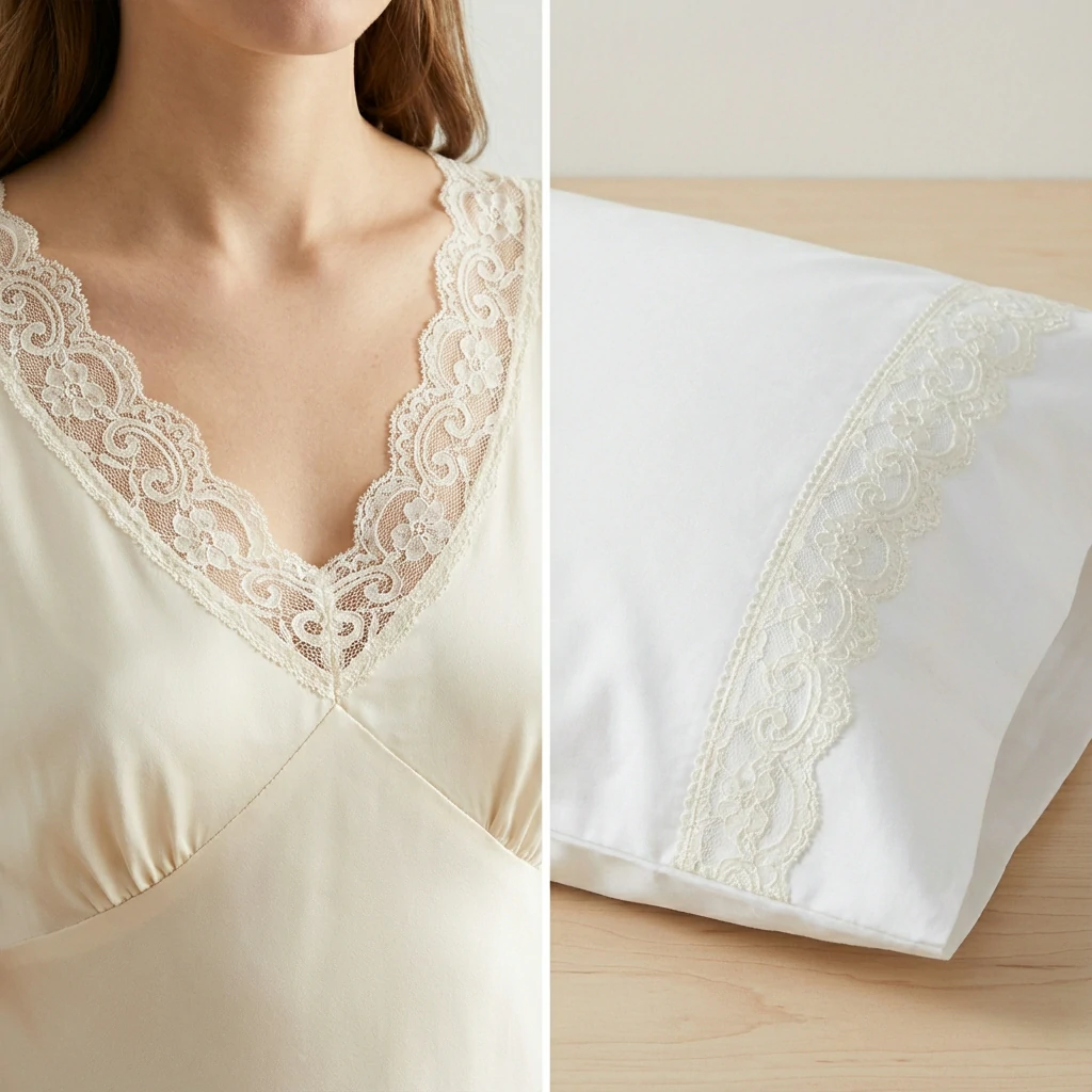 Medium 3cm scalloped lace trim on dress neckline and pillowcase border demonstrating versatile applications