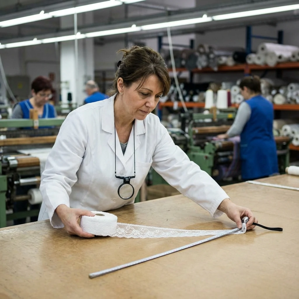 Quality inspection of lace trim at factory