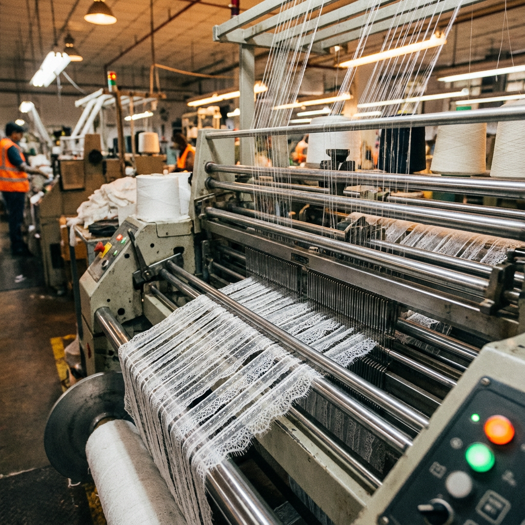 Raschel warp knitting machine producing eyelash lace in factory