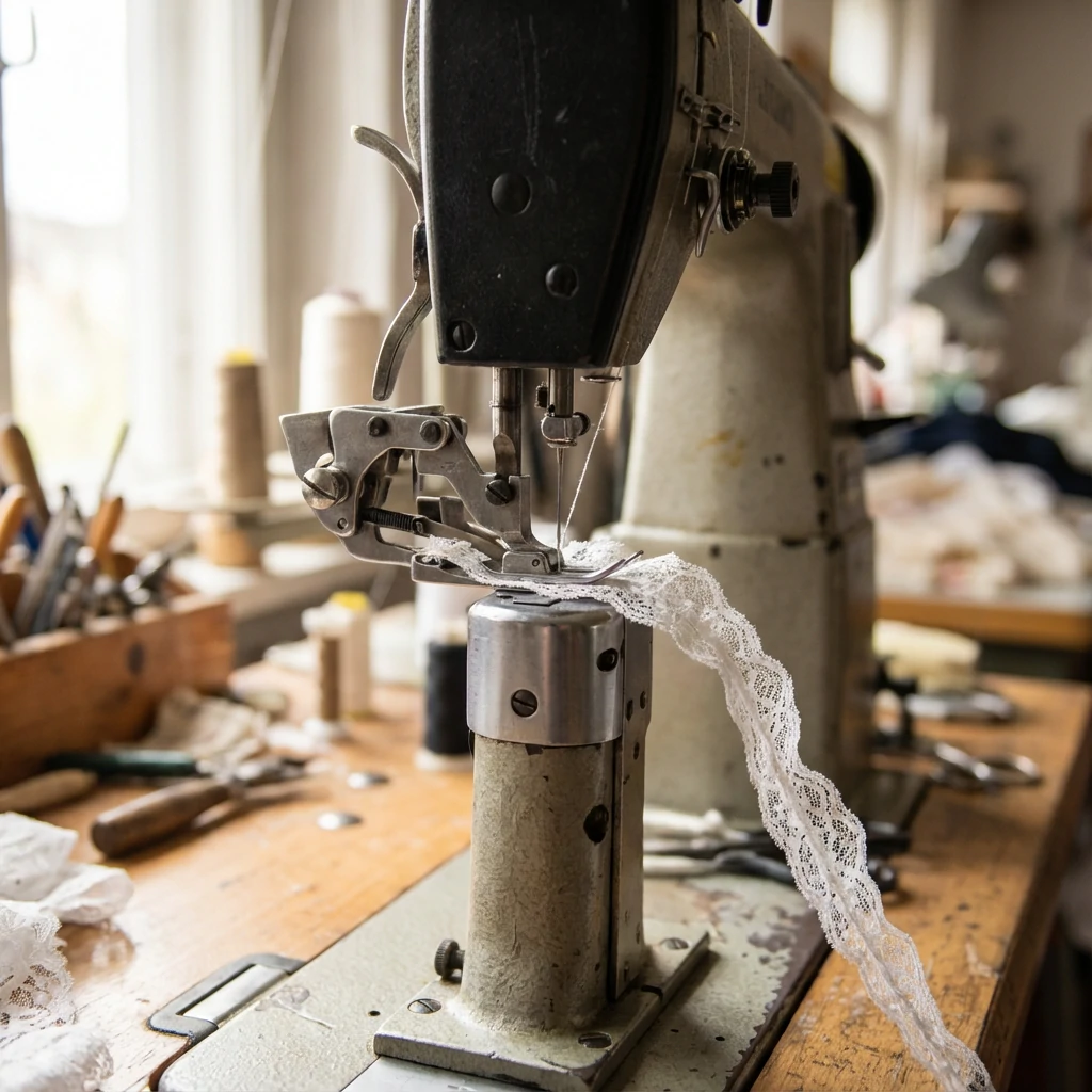 Ruffler foot attachment creating even gathers on lace trim
