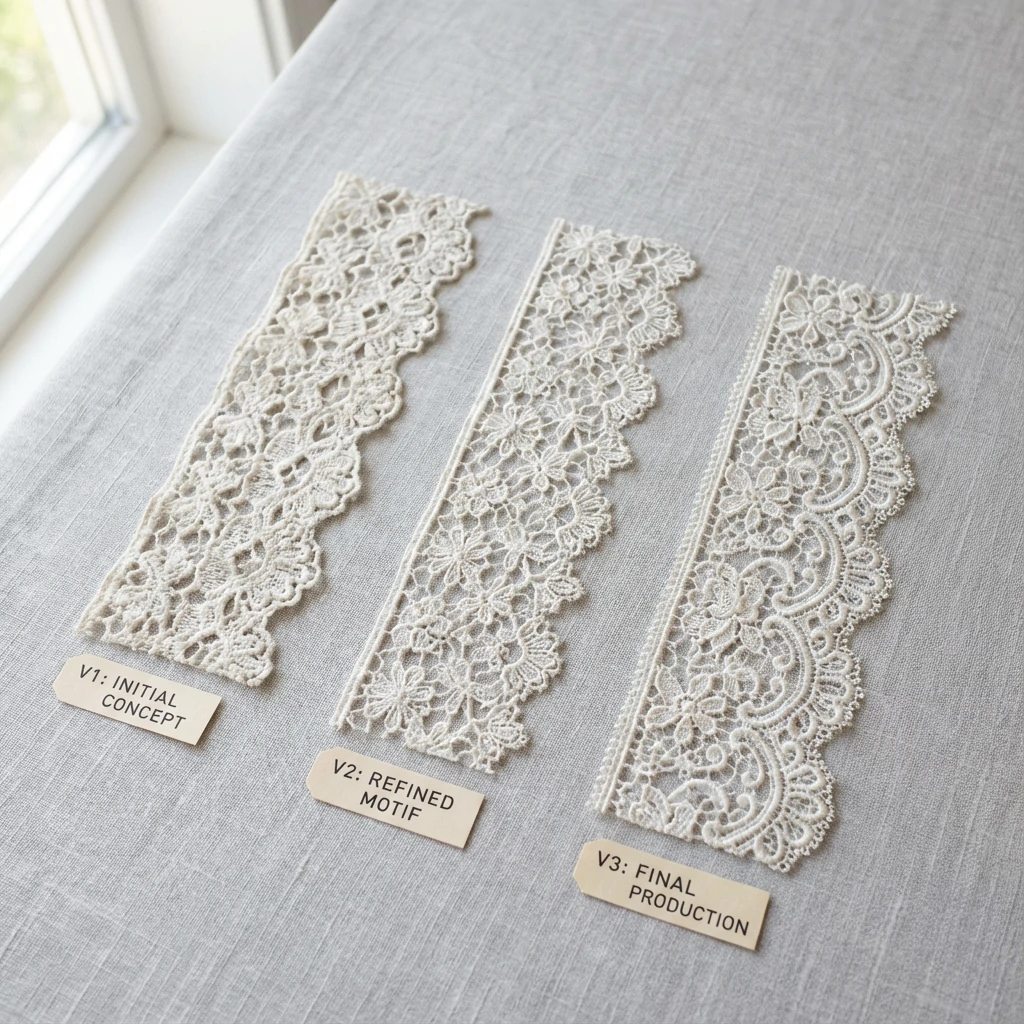 Sample pieces of chemical lace showing design iterations and refinements