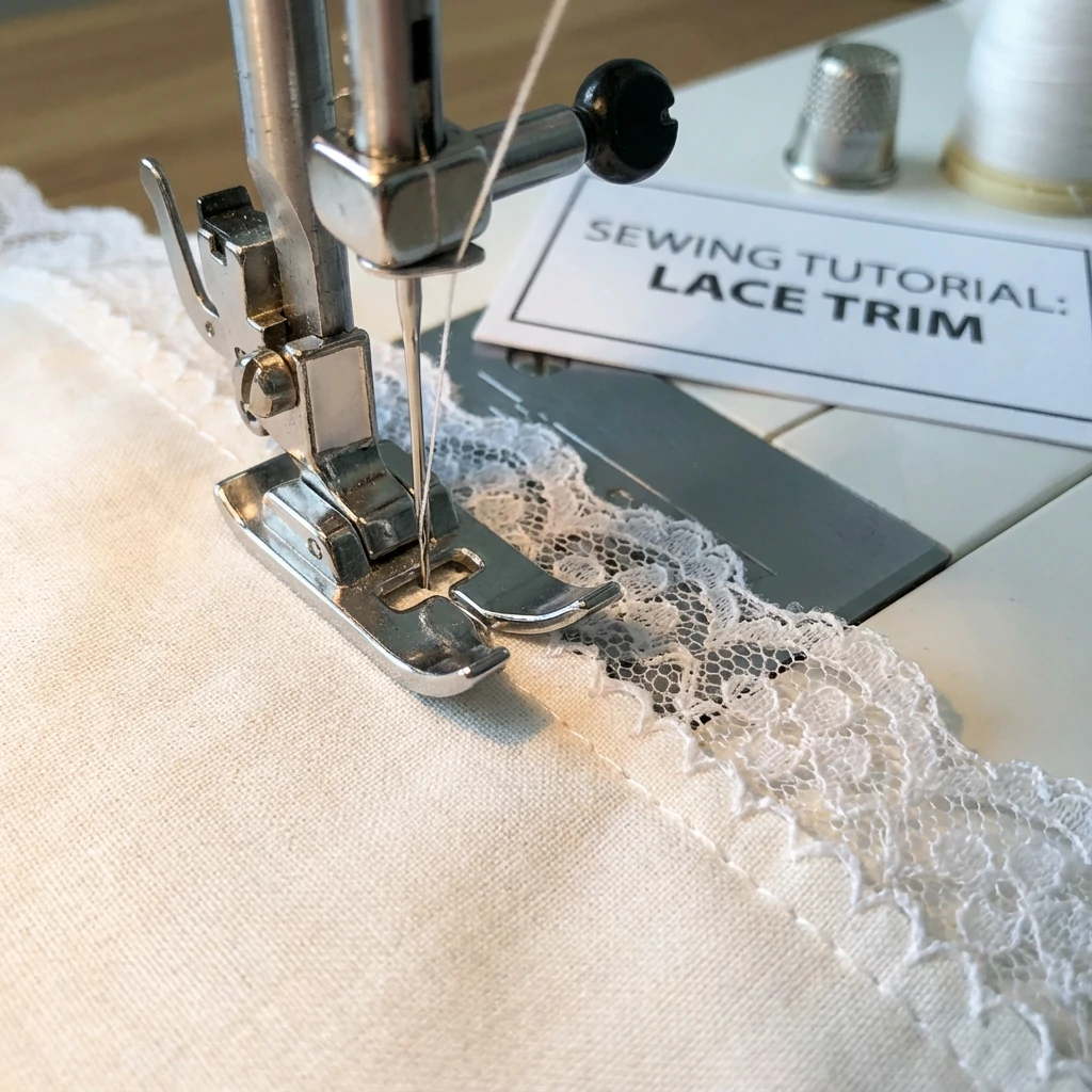 Sewing machine presser foot stitching lace trim onto fabric, showing correct needle position 2-3mm from lace edge