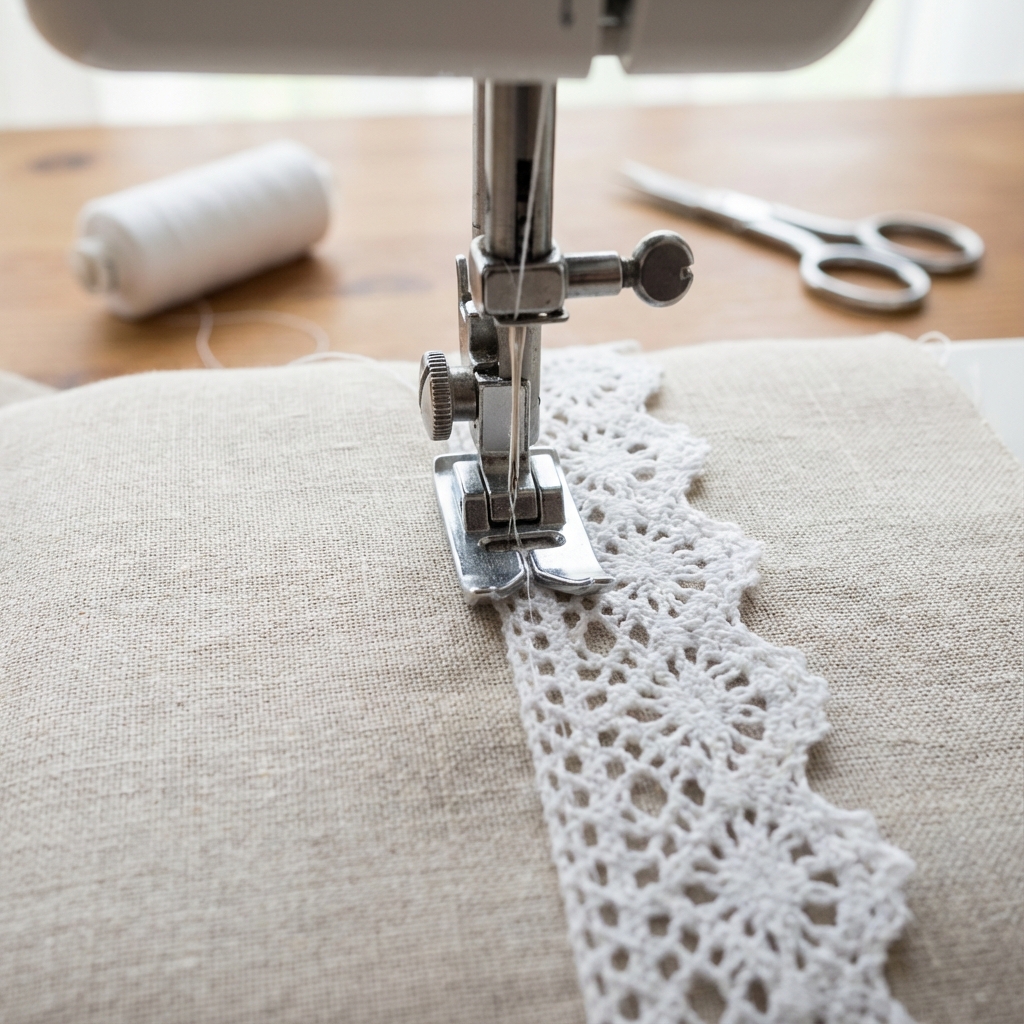 Sewing machine stitching white cotton lace trim onto fabric