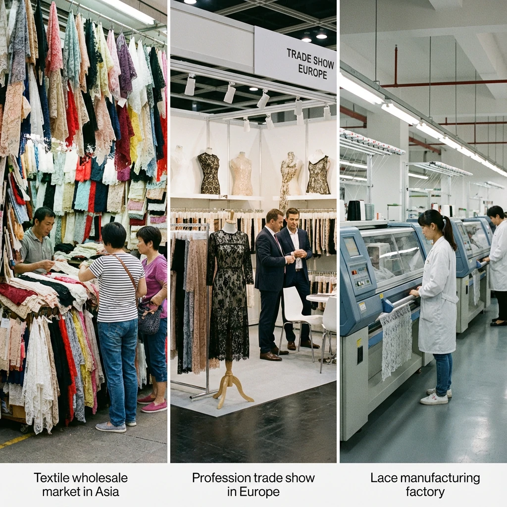 Three lace trim sourcing channels wholesale market, trade show, and factory