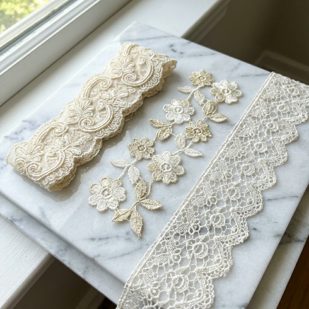 Three types of chemical lace cord lace guipure motifs and allover chemical lace