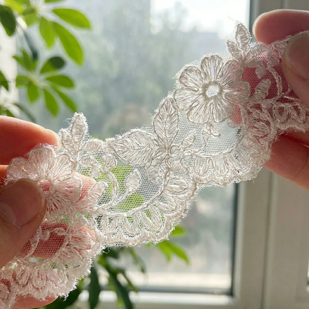 White chemical lace trim with intricate floral pattern showing no background mesh