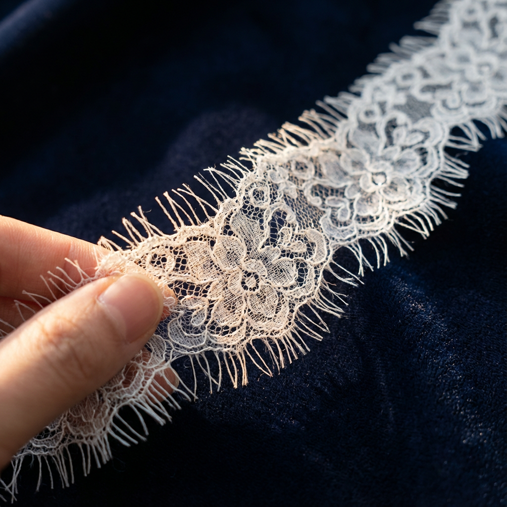 White eyelash lace trim showing delicate fringe edge against dark background