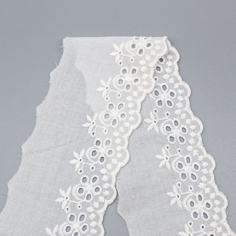 Ruler laid horizontally along the broderie anglaise pattern repeat showing motif spacing