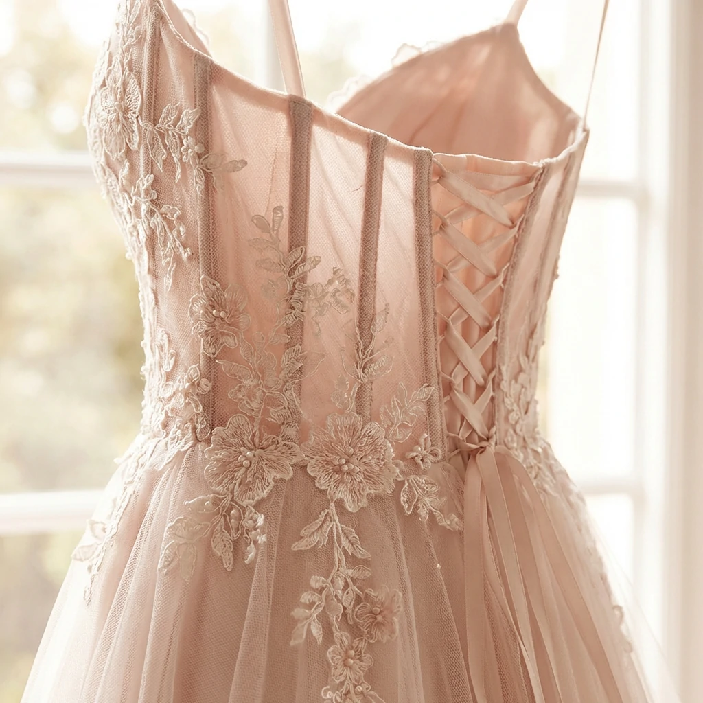 Blush pink romantic lace dress with corset detail inspired by Sydney Sweeney style