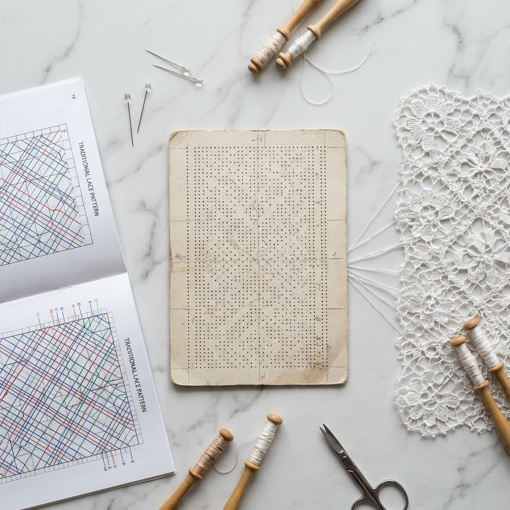 Bobbin lace pattern diagram with pricking card and finished lace sample