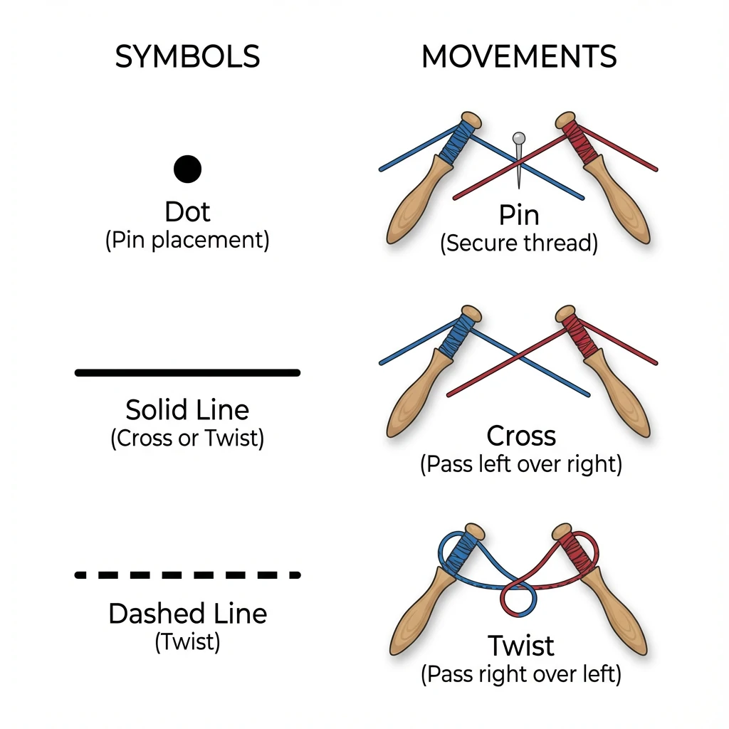 Bobbin lace pattern symbols chart showing cross twist and pin notation