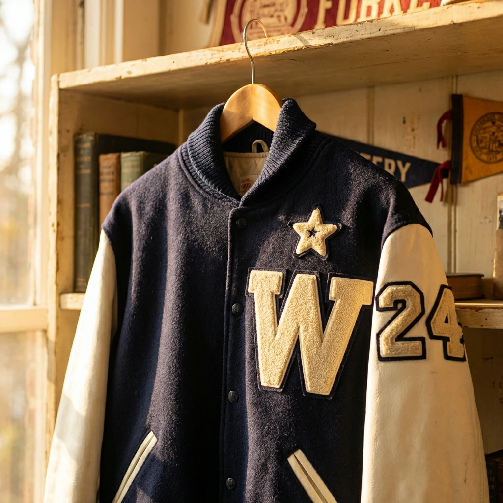Classic varsity letterman jacket featuring chenille letter and number patches on chest and sleeve