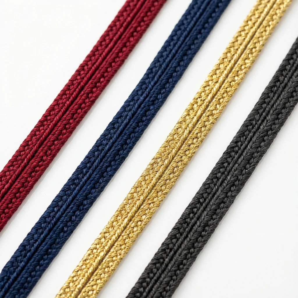 Close-up of soutache braid showing distinctive center groove, 3mm width in multiple colors
