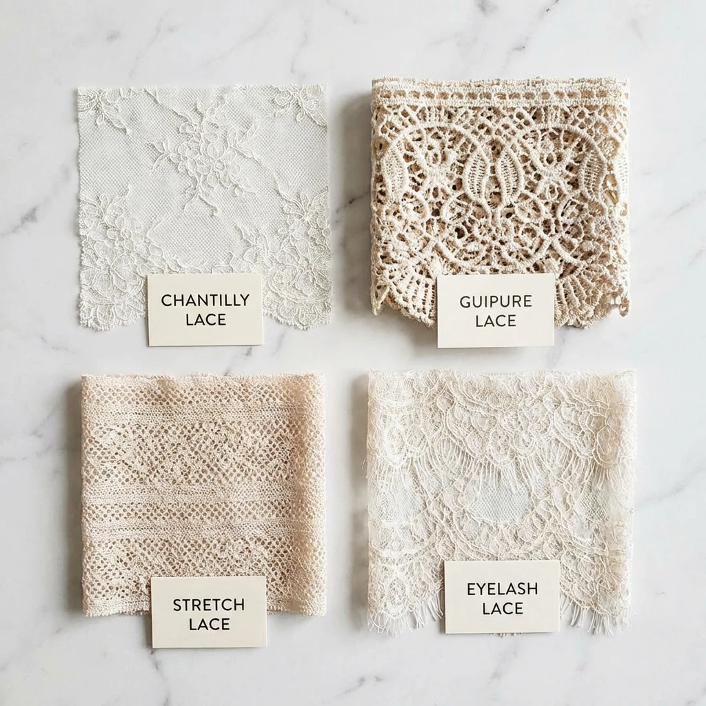Comparison of lace types Chantilly, Guipure, stretch lace, and eyelash lace