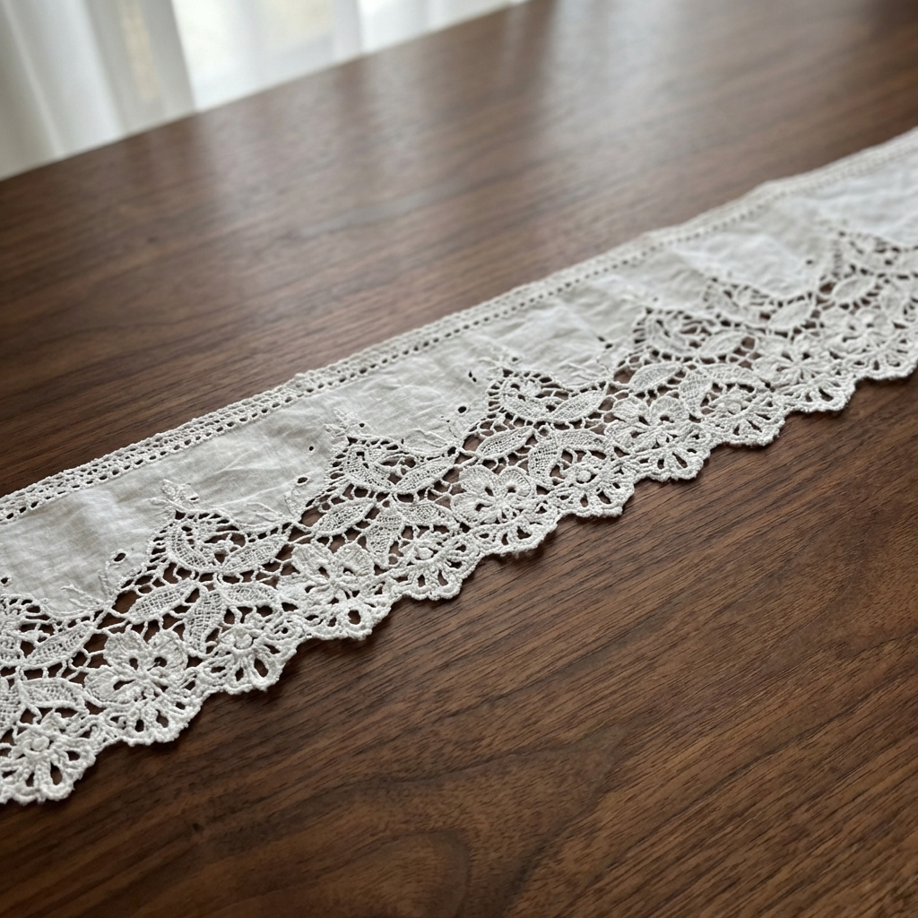 Completed white cotton lace strip, delicate pattern, removed from pillow, displayed on dark wood surface, soft shadows, product photography style