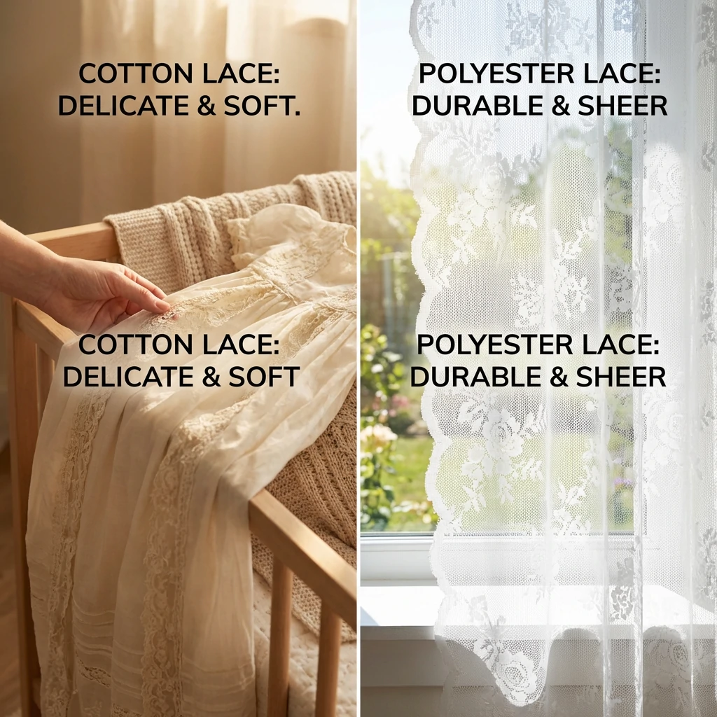 Cotton lace on baby garment vs polyester lace curtain in sunlight