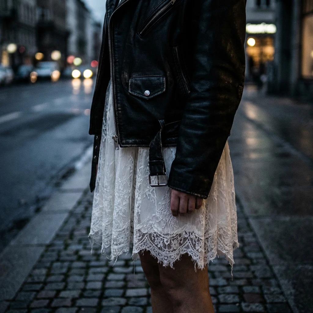 Delicate lace dress paired with black leather jacket for edgy romance