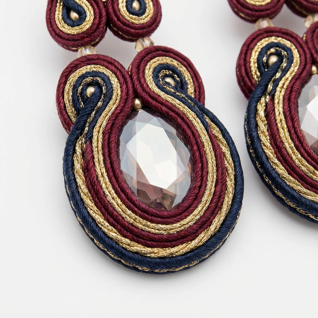 Elegant soutache jewelry earrings with colorful braided trim wrapped around crystal beads