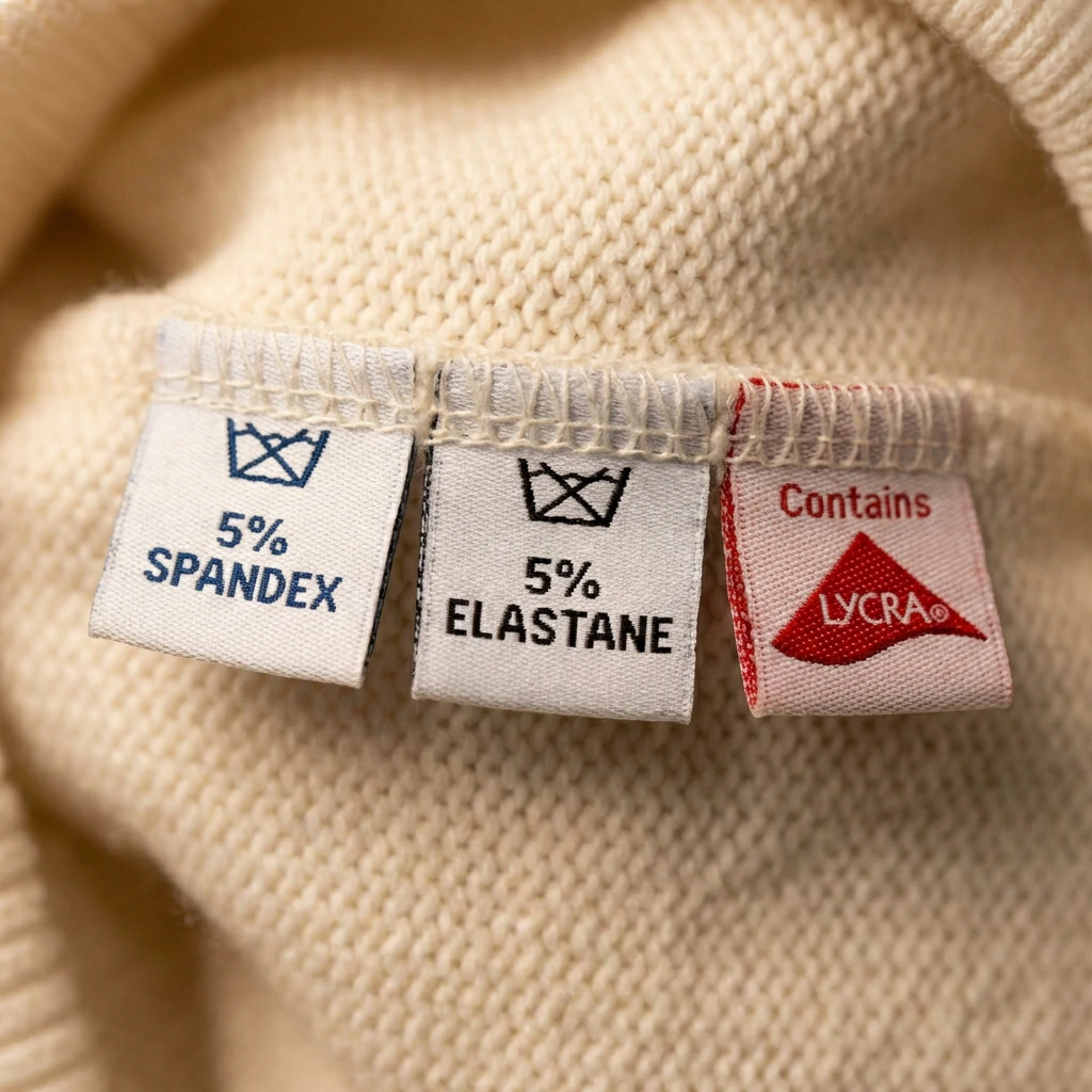 Fabric labels comparing spandex, elastane, and Lycra terminology