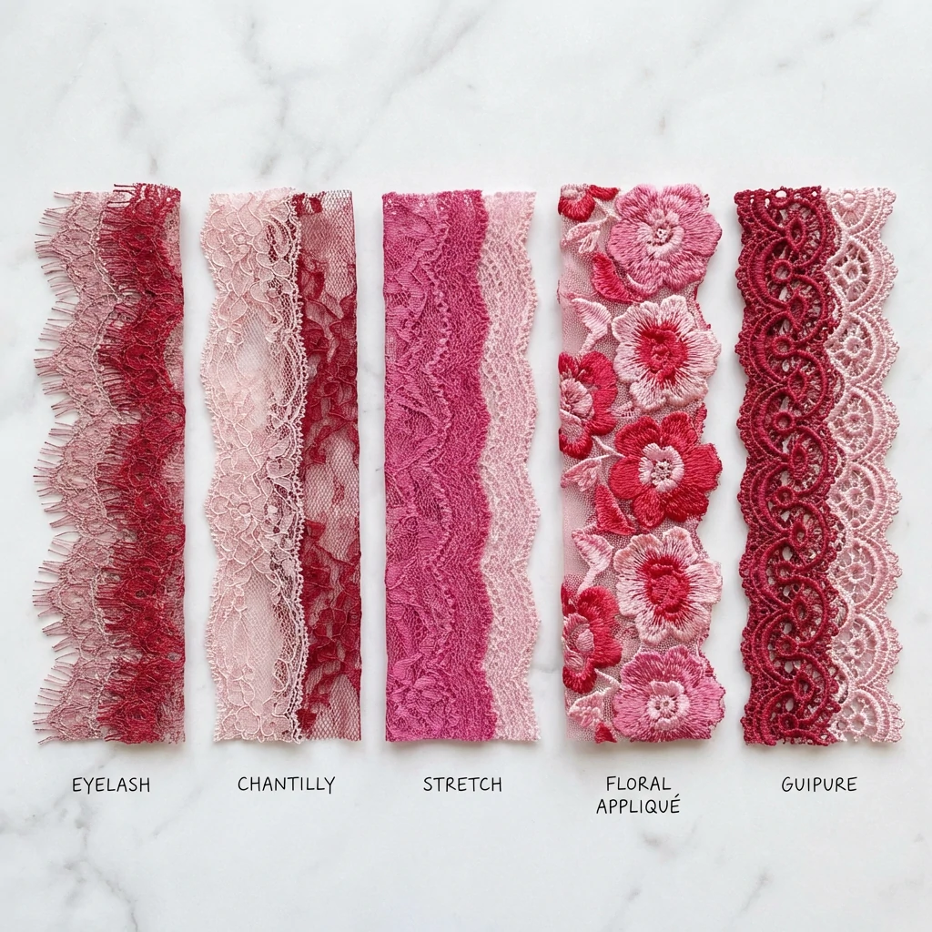 Five types of lace for Valentine lingerie eyelash, Chantilly, stretch, appliqué, and guipure