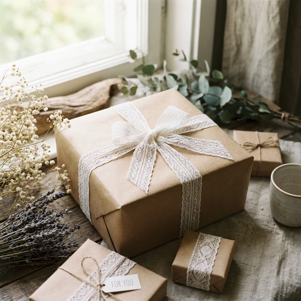 Gift box wrapped with kraft paper and decorated with white lace ribbon bow showing elegant presentation