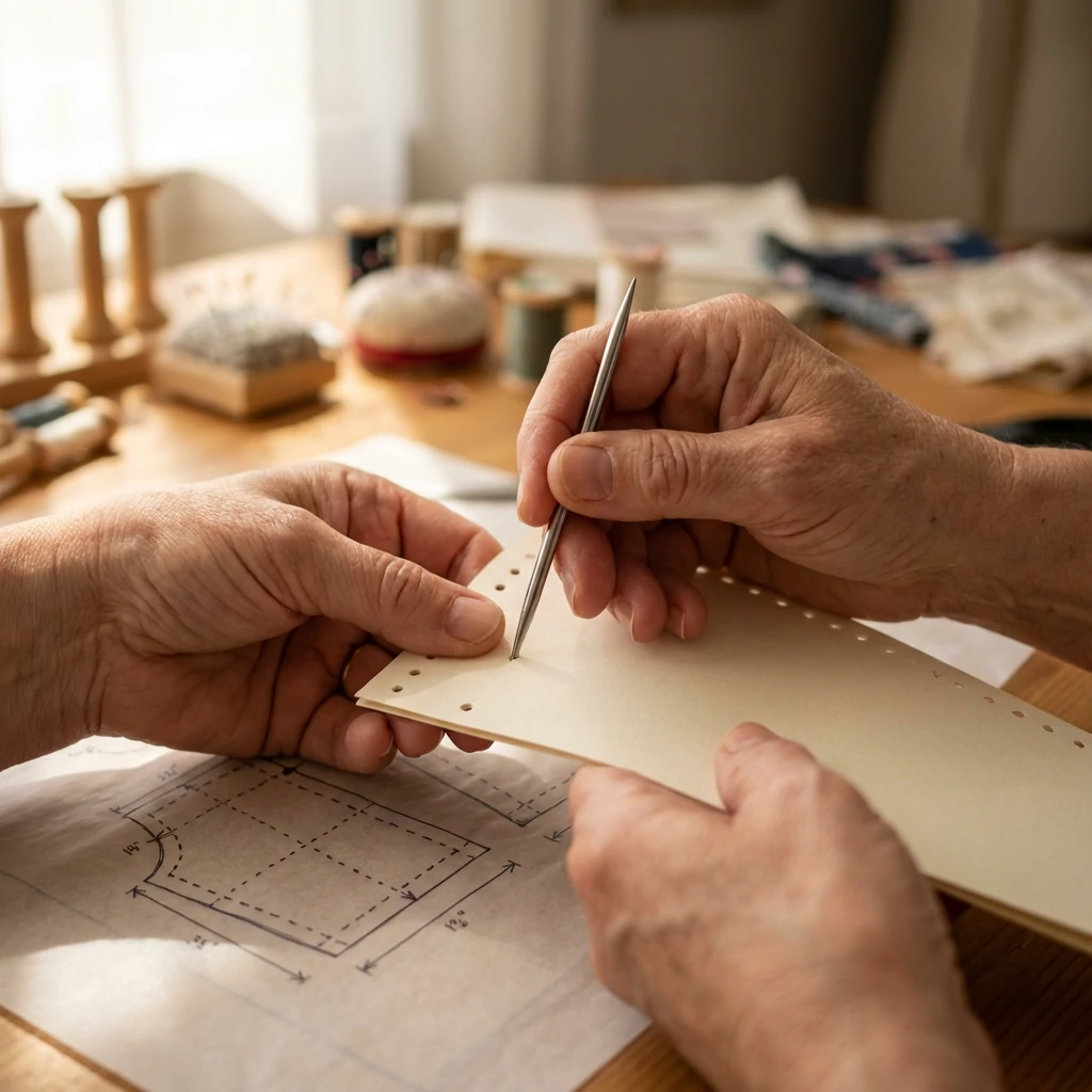 Hands punching holes in bobbin lace pricking card with metal pricker tool