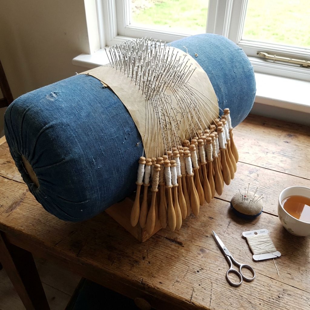 Hands winding white cotton thread onto wooden lace bobbin, close-up detail, natural light, crafting process, step-by-step tutorial style