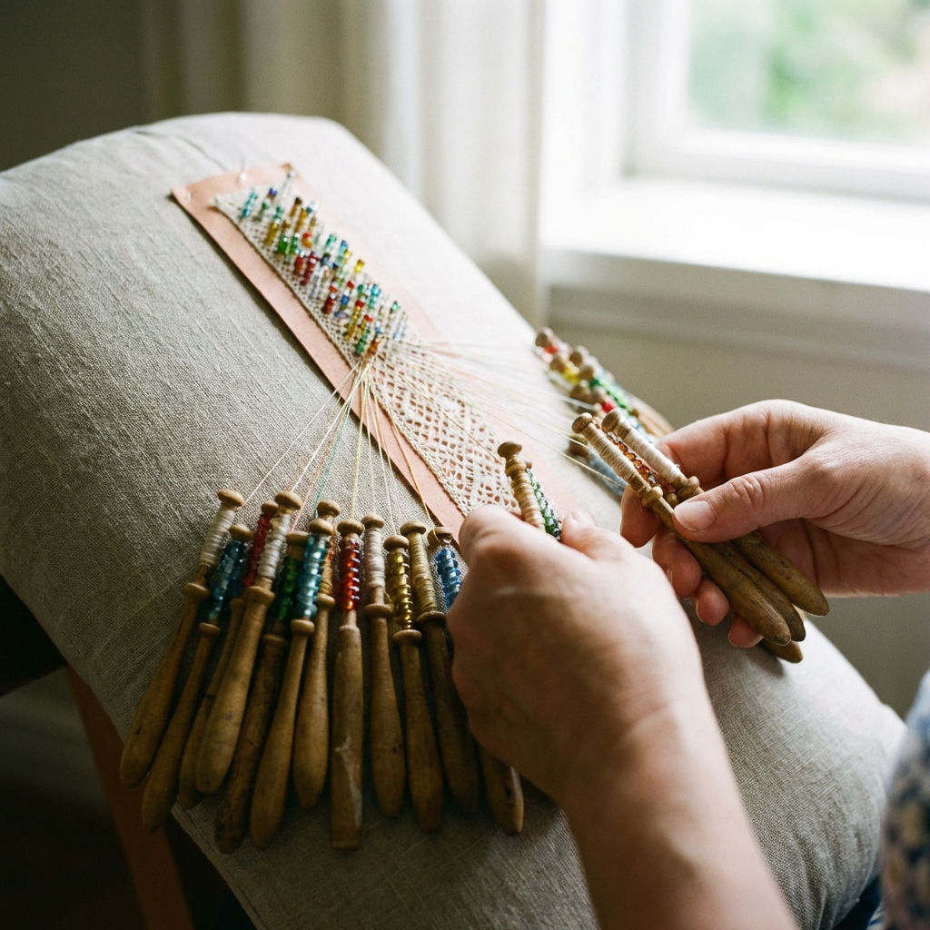 Hands working on lace pillow, bobbins visible, warm natural lighting