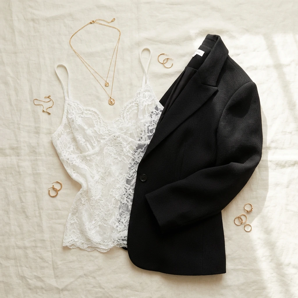 Lace layering outfit essentials with camisole and blazer flat lay
