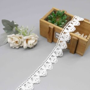 Front-facing shot showing delicate fan-shaped motifs and smooth milk fiber texture on white water-soluble lace.