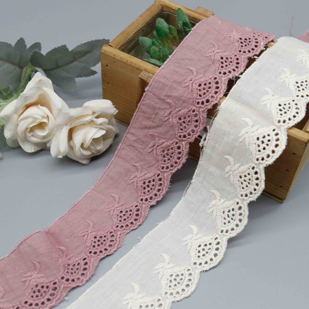 Macro close-up capturing curved motifs and clustered eyelet thread craftsmanship.