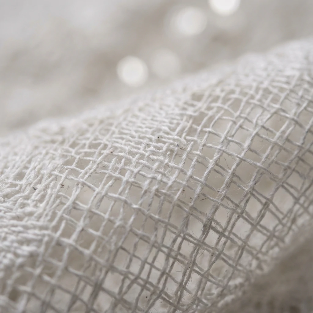 Macro close-up of cotton lace fiber texture showing weave pattern details